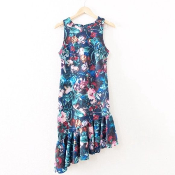 Alexia Admor Dress Ruffle Asymmetrical Floral Stretch Scuba Sleeveless SZ 14 - Picture 3 of 13